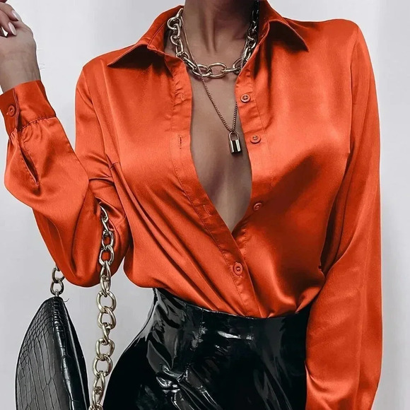 Tops - Orange Elegant Women's Satin Button down Shirt